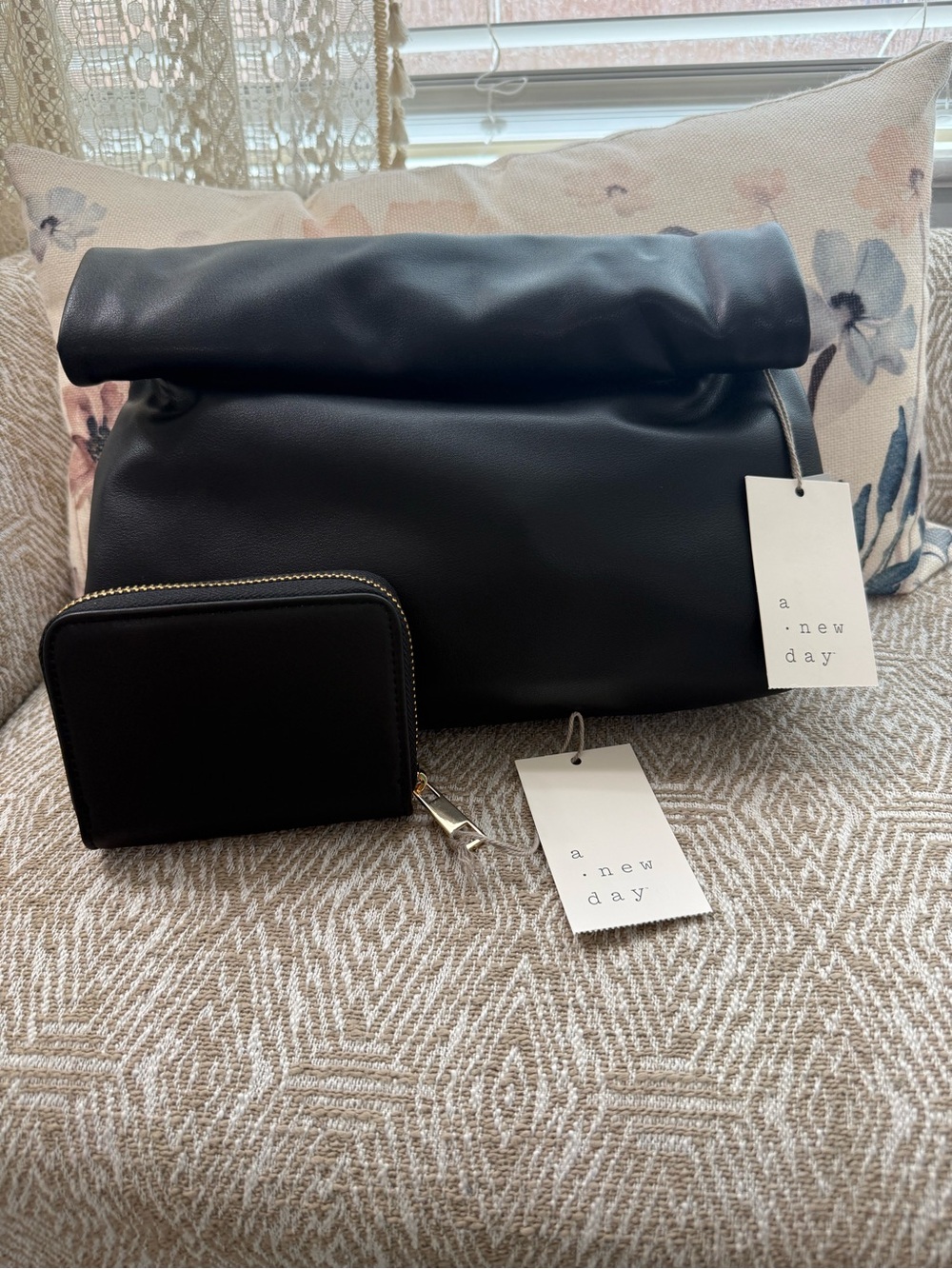 a new day Black Roll-Top Tote with Matching Zip Wallet